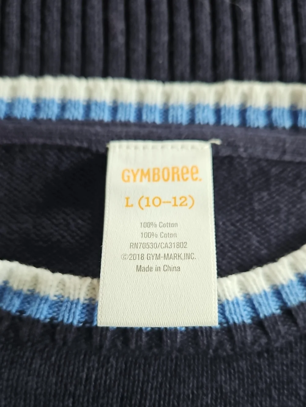 Gymboree Navy Crewneck Sweater with Light Blue & White Trim.  Size L (10-12).